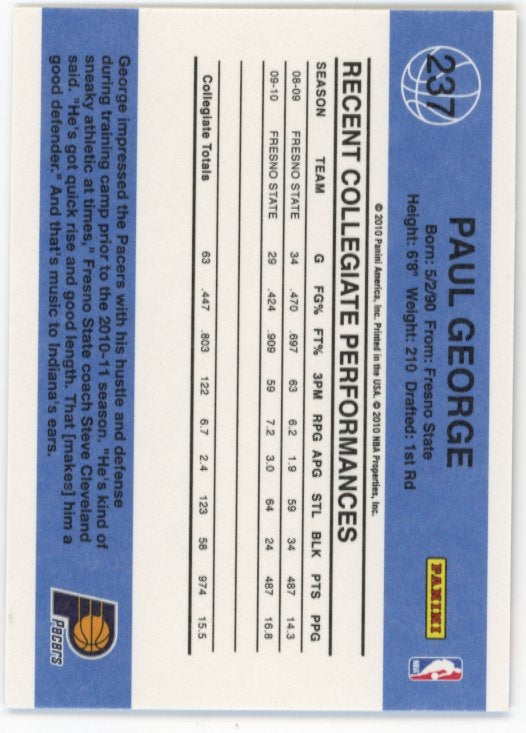2010/11 Panini Donruss Paul George Rated Rookie RC #237 - Pacers