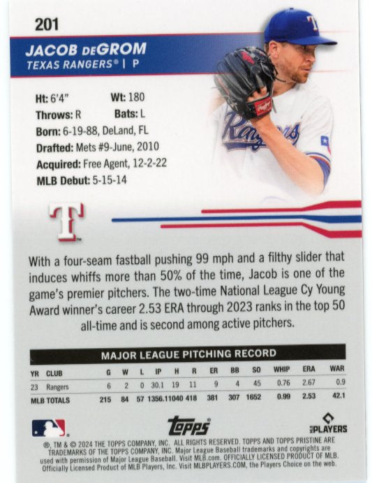 2024 Topps Pristine Jacob DeGrom #201 - Pink #/15 Rangers
