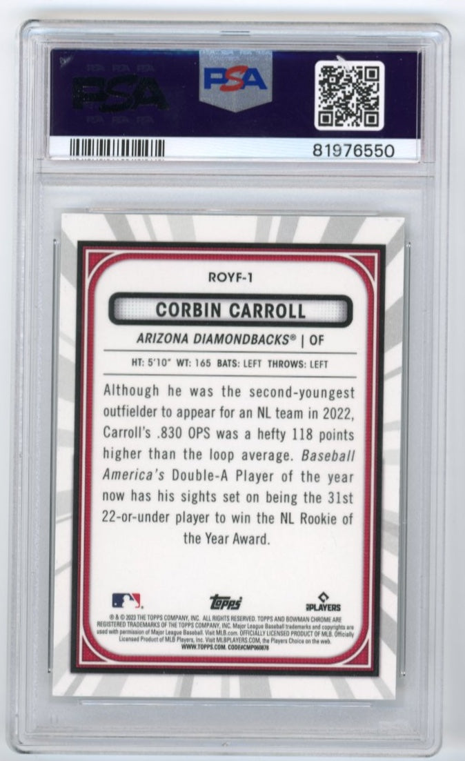 2023 Topps Bowman Chrome Corbin Carroll Rookie of the Year Favorites RC #1 - PSA 10 Diamondbacks