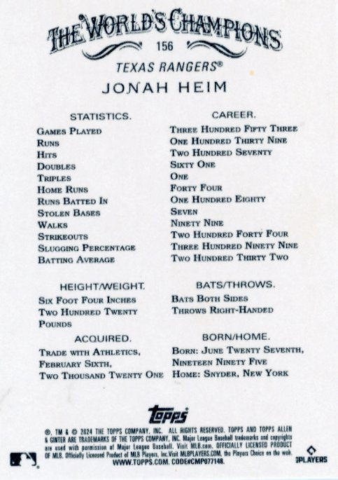 2024 Topps Allen & Ginter Jonah Heim #156 - Gold #/50 Rangers