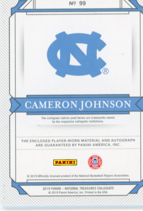 2019 Panini National Treasures Cameron Johnson Rookie RC #99 - Autograph Patch #/25 Tarheels
