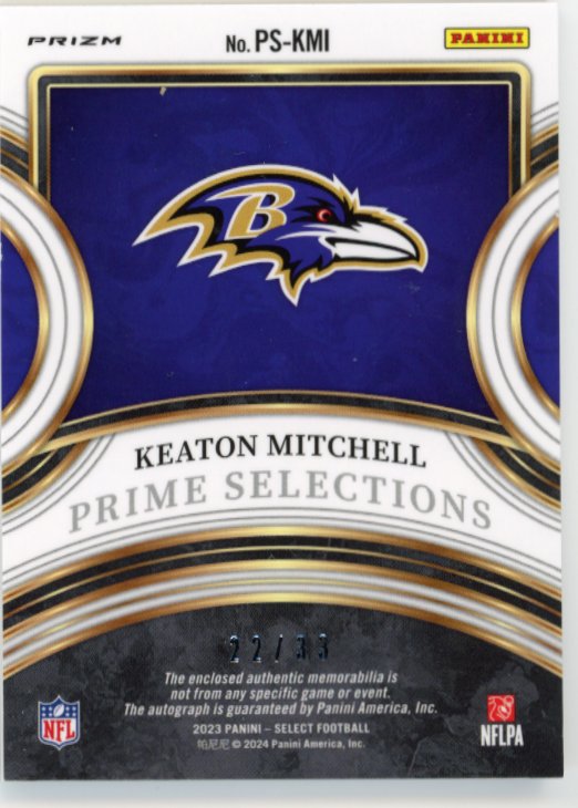 2023 Panini Select Keaton Mitchell Rookie RC #PS-KMI - FOTL Orangle Pulsar Patch Autograph #/33 Ravens