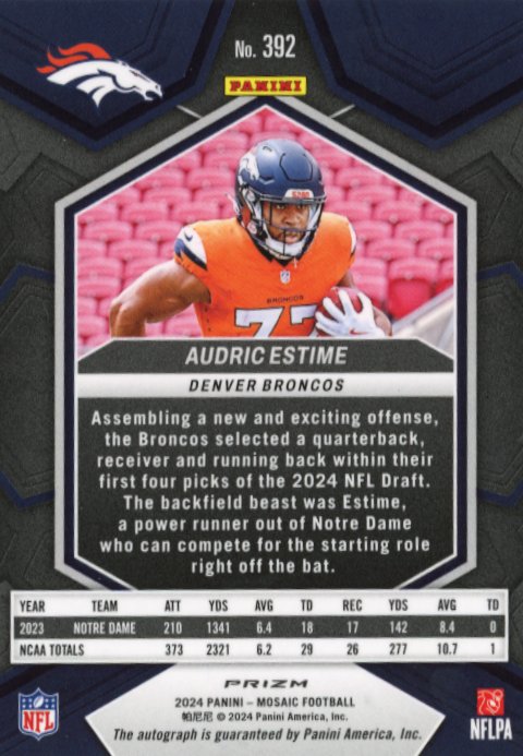 2024 Panini Mosaic Audric Estime Rookie RC #392 - White Autograph Broncos