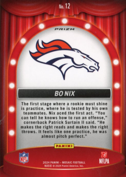 2024 Panini Mosaic Bo Nix Rookie RC #12 - Center Stage Broncos