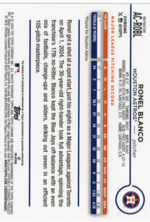 2024 Topps Chrome Ronel Blanco Rookie RC #AC-ROBL - Autograph #/499 Astros
