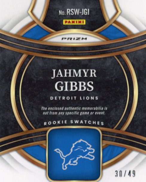 2023 Panini Select Jahmyr Gibbs Rookie RC #RSW-JGI - Patch #/49 Lions