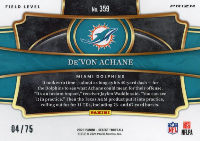 2023 Panini Select De'Von Achane Rookie RC #359 - RWB Shimmer #/75 Dolphins