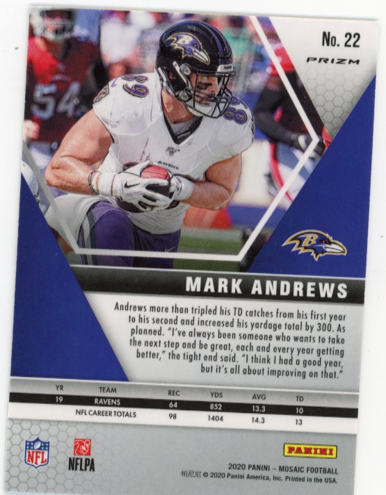 2020 Panini Mosaic Mark Andrews #22 - White Sparkle Ravens