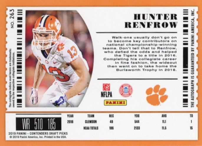 2019 Panini Contenders Draft Picks Hunter Renfrow College Ticket RC #263 - Autograph Clemson