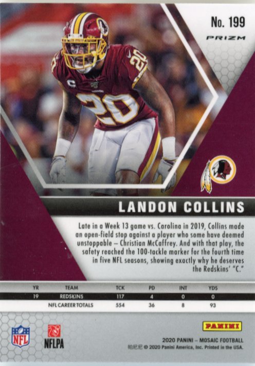 2020 Panini Mosaic Landon Collins #199 - White Sparkle Redskins