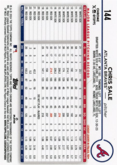 2024 Topps Chrome Chris Sale #144 - #/199 Aqua Braves