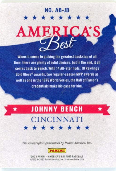 2023 Panini America's Pastime Johhny Bench America's Best #AB-JB - #/15 Autograph Reds