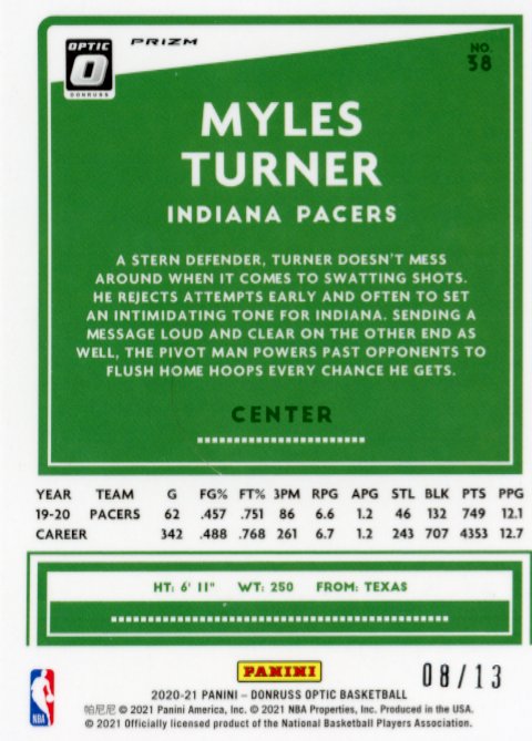 2020/21 Panini Donruss Optic Myles Turner #38 - Purple Stars #/13 Pacers