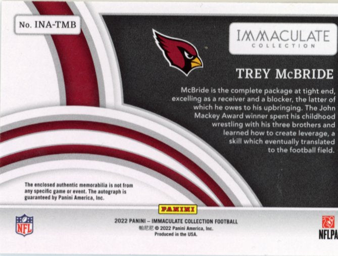 2022 Panini Immaculate Collection Trey McBride RC #INA-TMB - #/85 Autograph Relic Cardinals
