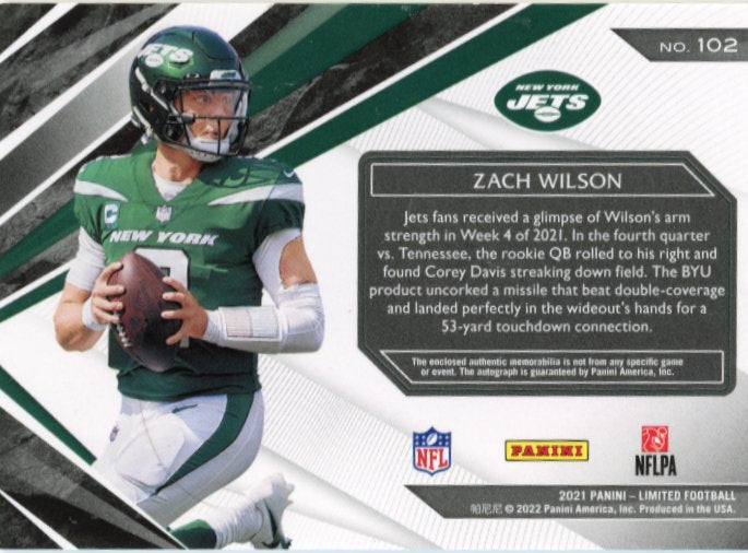 2021 Panini Limited Zach Wilson RC #102 - #/49 Autograph Relic Jets