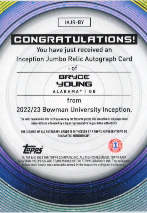 2023 Topps Bowman University Inception Bryce Young #IAJR-BY - #/199 Autograph Relic Alabama