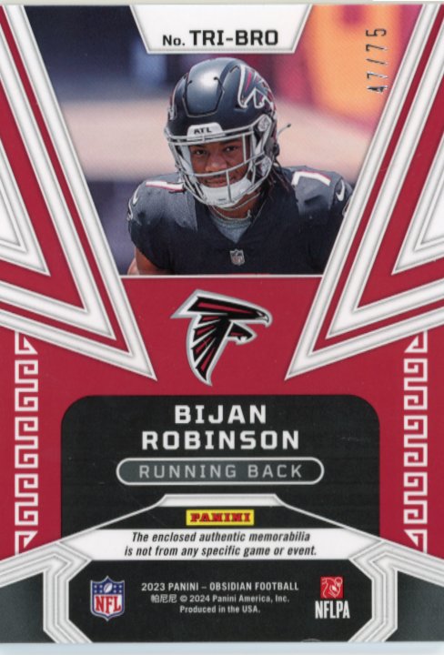 2023 Panini Obsidian Bijan Robinson Trifecta RC #TRI-BRO - #/75 Triple Patch Falcons