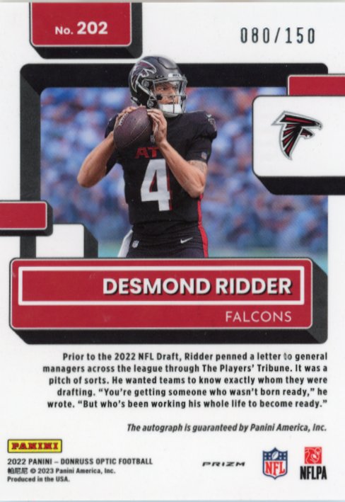 2022 Panini Optic Desmond Ridder Rated Rookie #202 - Autograph /150 Falcons