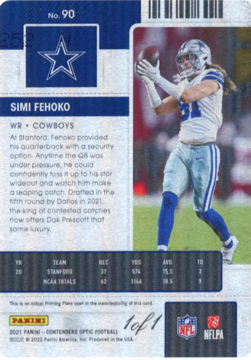 2021 Panini Contenders Optic Simi Fehoko Printing Plate #90 - 1/1 Cowboys