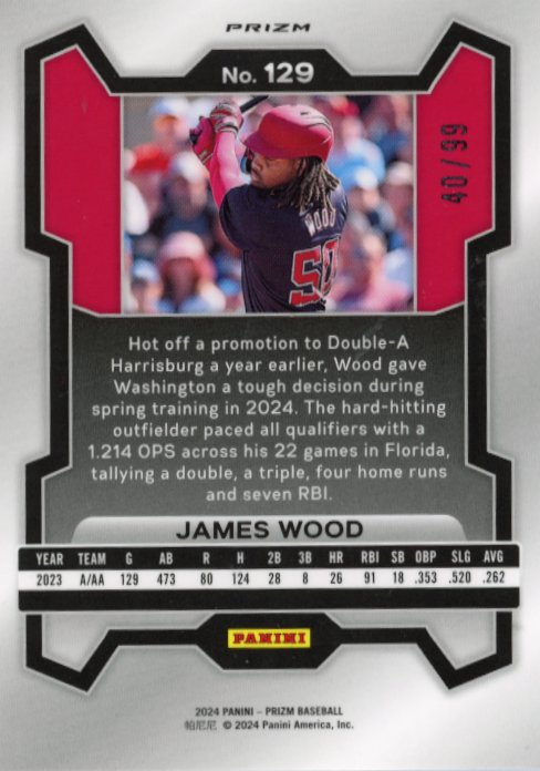 2024 Panini Prizm James Wood #129 - #/99 Purple Nationals