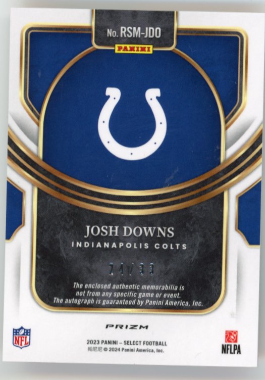 2023 Panini Select Josh Downs FOTL Orange Pulsar #RSM-JDO - Patch Autograph #/33 Colts
