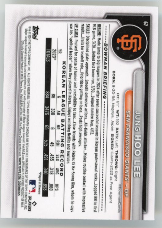 2024 Bowman Chrome Jung Hoo Lee Rookie RC #67 - Holo Giants