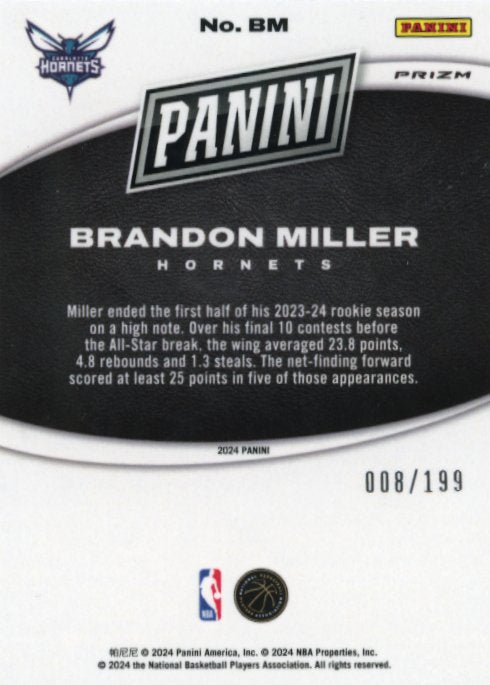 2024 Panini Brandon Miller Rookie RC Silver Vinyl #BM - #/199 Hornets
