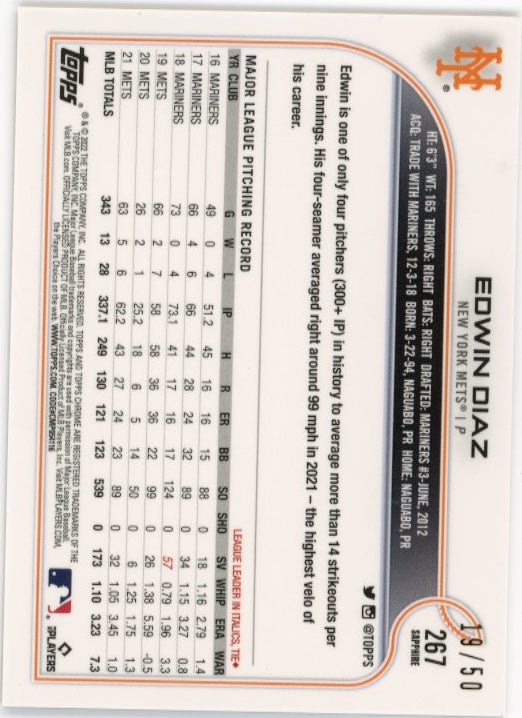 2022 Topps Chrome Edwin Diaz #267 - Gold Cracked Ice #/50 Mets