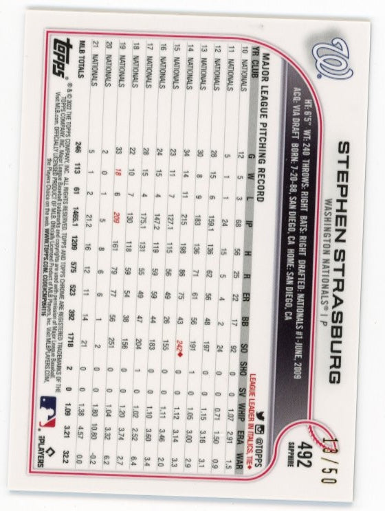 2022 Topps Chrome Stephen Strasburg #492 - Gold Cracked Ice #/50 Nationals