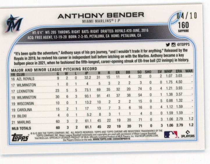 2022 Topps Chrome Sapphire Anthony Bender RC #160 - Purple Cracked Ice #/10 Marlins