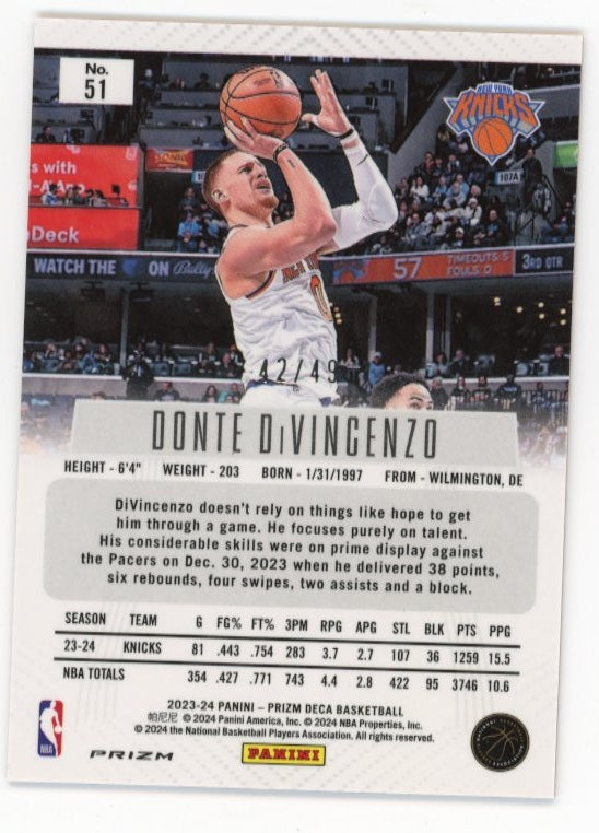 2023/24 Panini Prizm Deca Donte DiVincenzo #51 - Orange #/49 Knicks