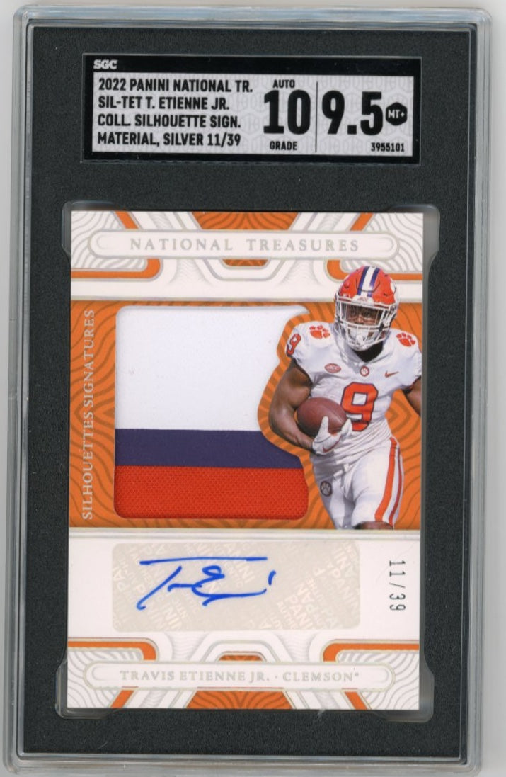 2022 Panini National Treasures Travis Etienne Jr. #SIL-TET - Autograph Relic #/39 SGC 9.5 AUTO 10 Clemson