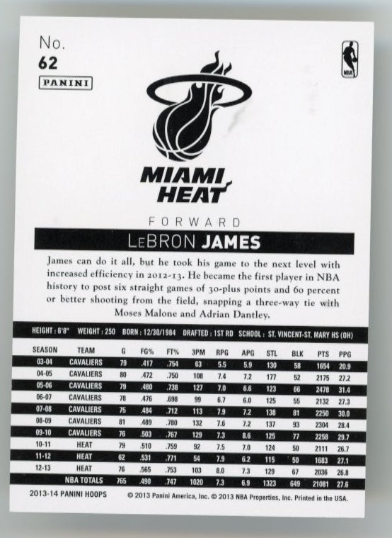 2013/14 Panini NBA Hoops LeBron James #62 - Gold Heat