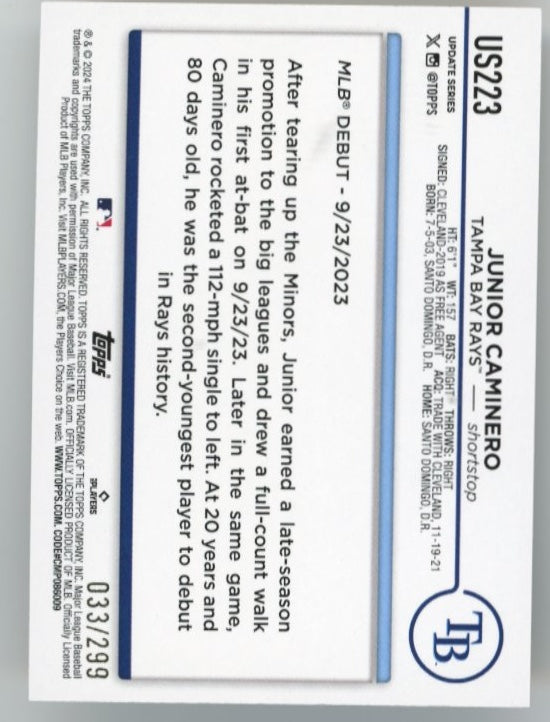 2024 Topps Junior Caminero RC #US233 - Orange Rays