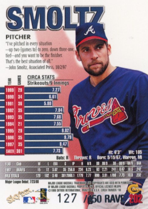 1998 Skybox John Smoltz Thunder #202 - Purple #/150 Braves