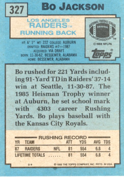 1988 Topps Bo Jackson Super Rookie RC #327 - Raiders