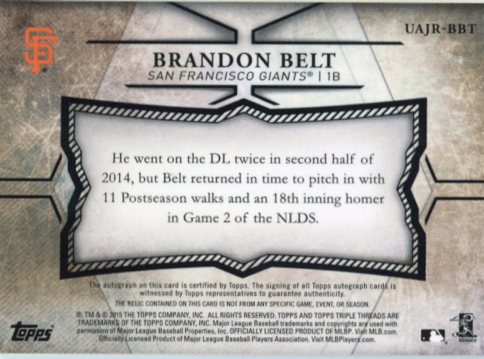 2015 Topps Triple Threads Brandon Belt #UAJR-BBT - Autograph Relic #/75 Giants