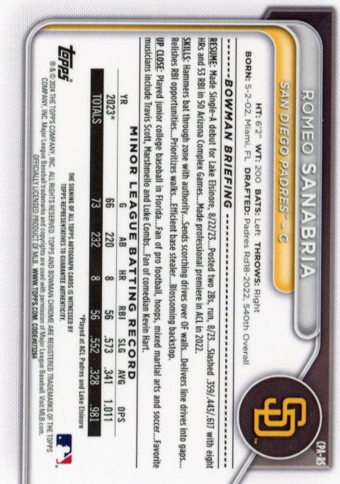 2024 Topps Bowman Chrome Romeo Sanabria #CPA-RS - #/75 Yellow Auto Padres