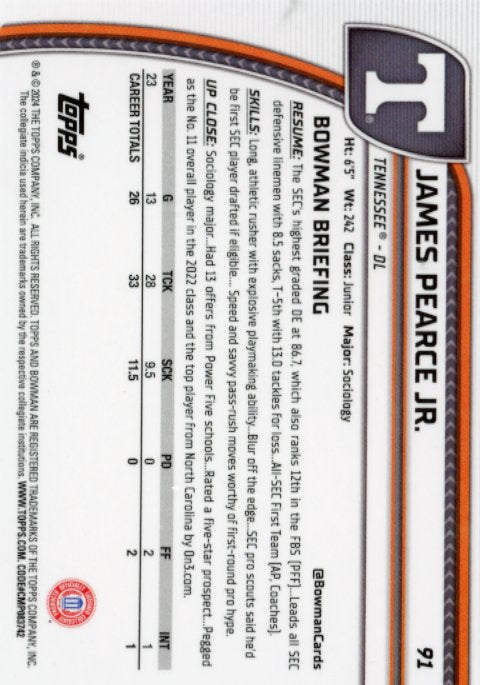 2024 Topps Bowman Chrome U James Pearce Jr #91 - #/50 Gold Tennessee