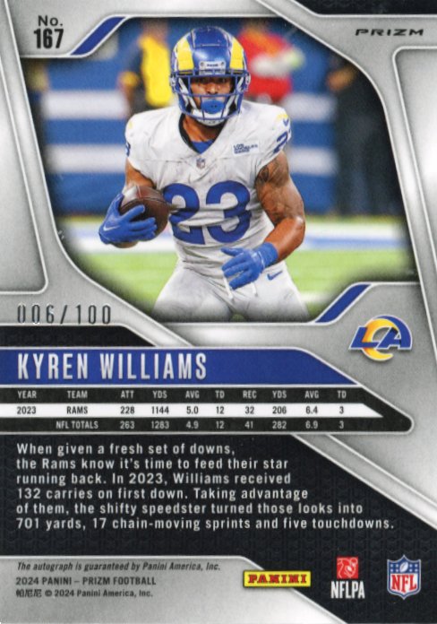 2024 Panini Prizm Kyren Williams #167 - #/100 Auto Rams