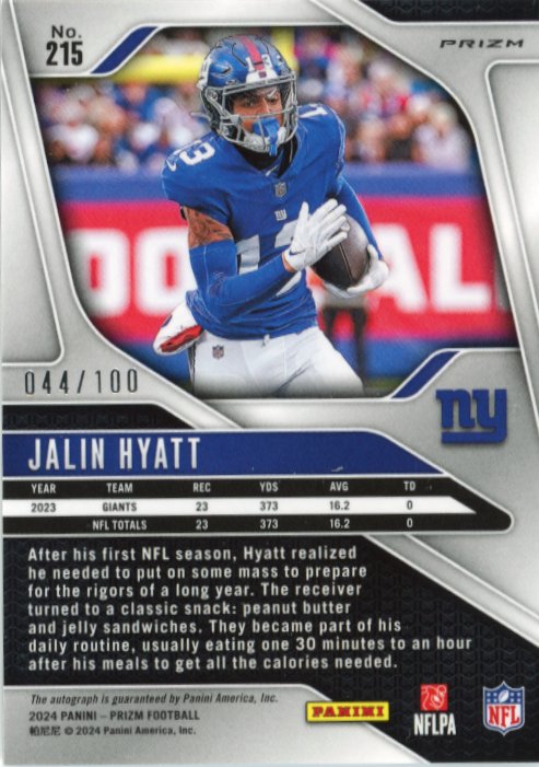 2024 Panini Prizm Jalin Hyatt #215 - #/100 Auto Giants