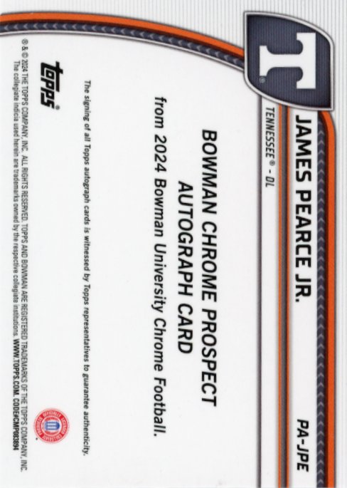 2024 Bowman Chrome U James Pearce Jr #PA-JPE - Auto Tennessee