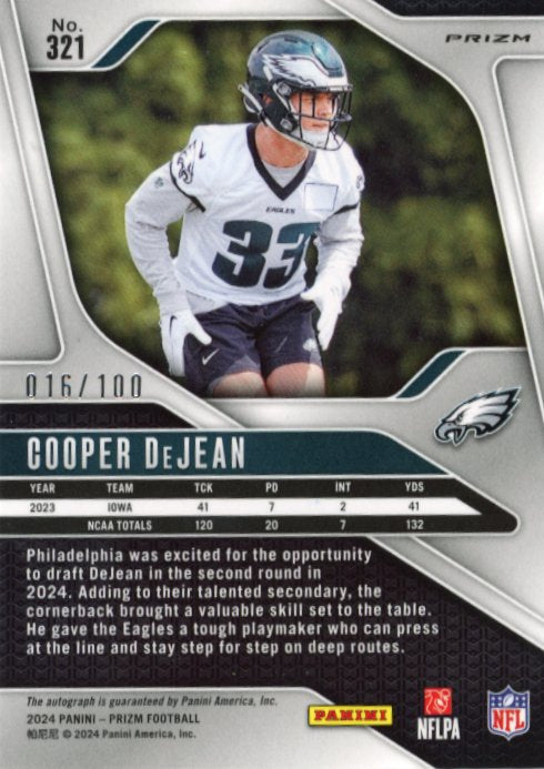 2024 Panini Prizm Cooper DeJean RC #321 - #/100 Auto Eagles