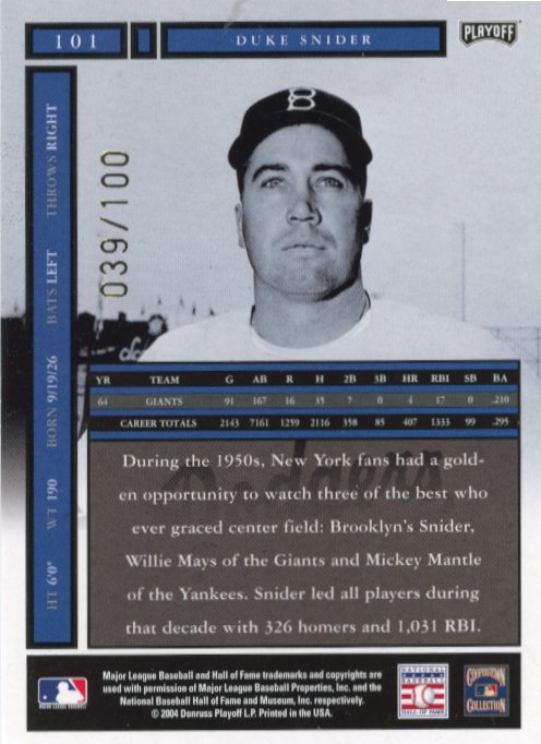 2004 Playoff Honors Duke Snider #101 - #/100 Autograph Dodgers