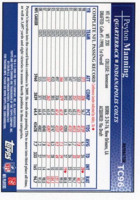 2009 Topps Chrome Peyton Manning #TC96 - Xfractor Colts