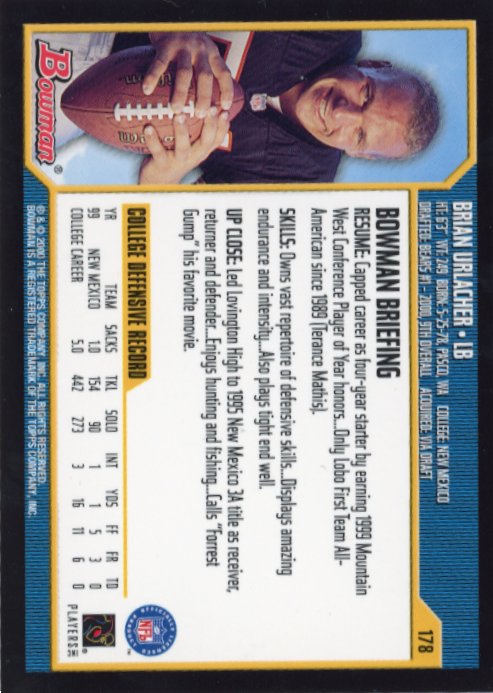 2000 Topps Bowman Brian Urlacher RC #178 - Bears