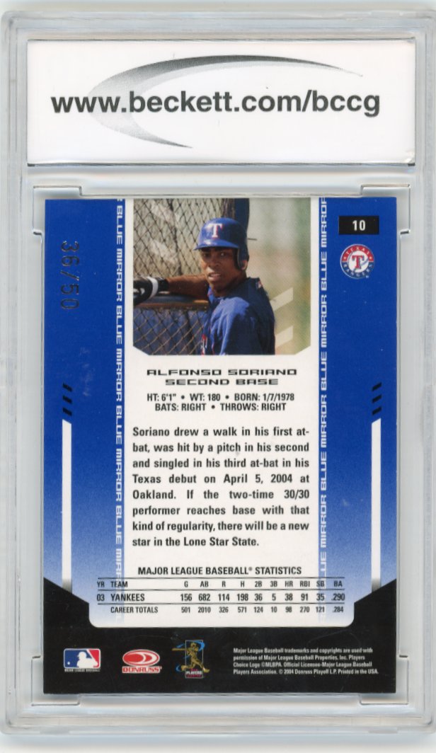 2004 Leaf Alfonso Soriano #10 - #/50 Mirror Blue Rangers BCCG 10