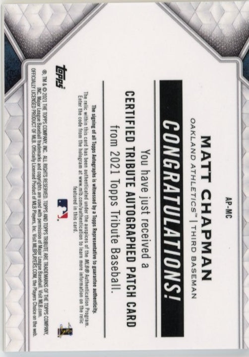 2021 Topps Tribute Matt Chapman #AP-MC - Autograph Relic #/50 Athletics