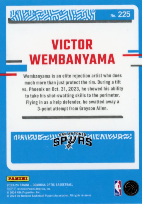 2024 Panini Donruss Optic Victor Wembanyama RC #225 - Rated Rookie Spurs