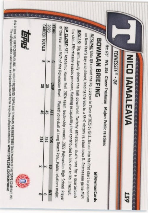 2024 Bowman Chrome U Nico Iamaleava 1st Bowman Chrome #139 - #/50 Gold Tennessee